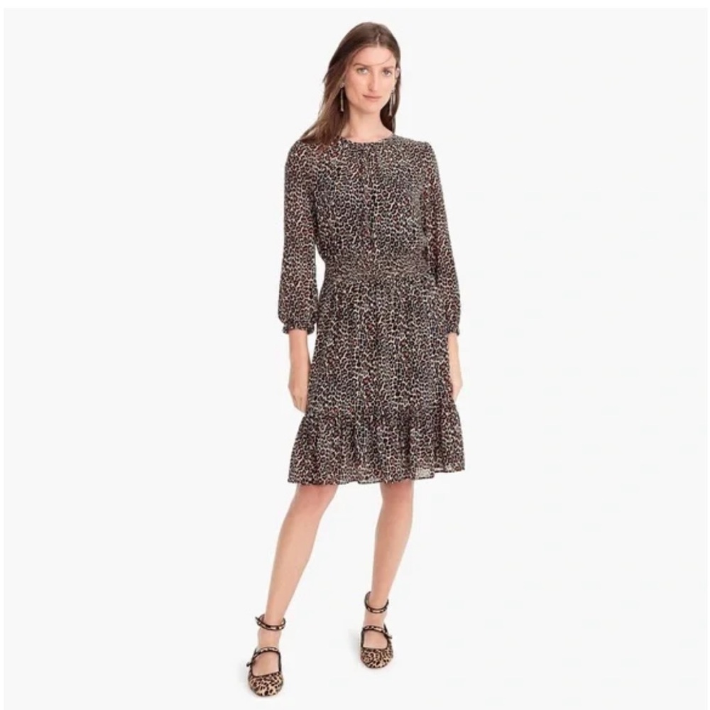 J.Crew Cinched Waist Dress Leopard Print Chiffon Long Sleeve‎